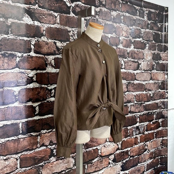 ESCADA Blouse Top Shirt Brown Linen Silk Button Front Tie Peplum Size Small - Picture 11 of 16